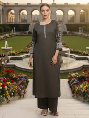 Women's Olive Green Embroidered Straight Kurta Set