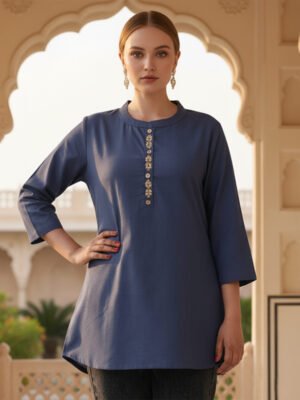 Women's Slate Blue Embroidered Short Tunic Top