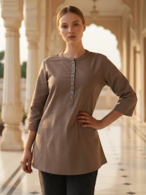 Women's Taupe Minimalist Embroidered Tunic Top