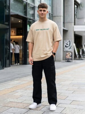 Men's Beige Oversized 'Best Buds' Graphic T-Shirt