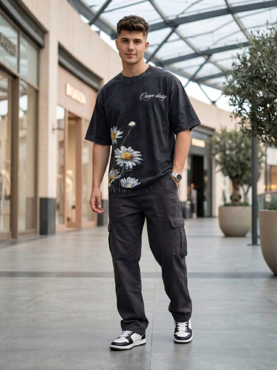Men's Dark Wash 'Oxeye Daisy' Botanical Graphic T-Shirt