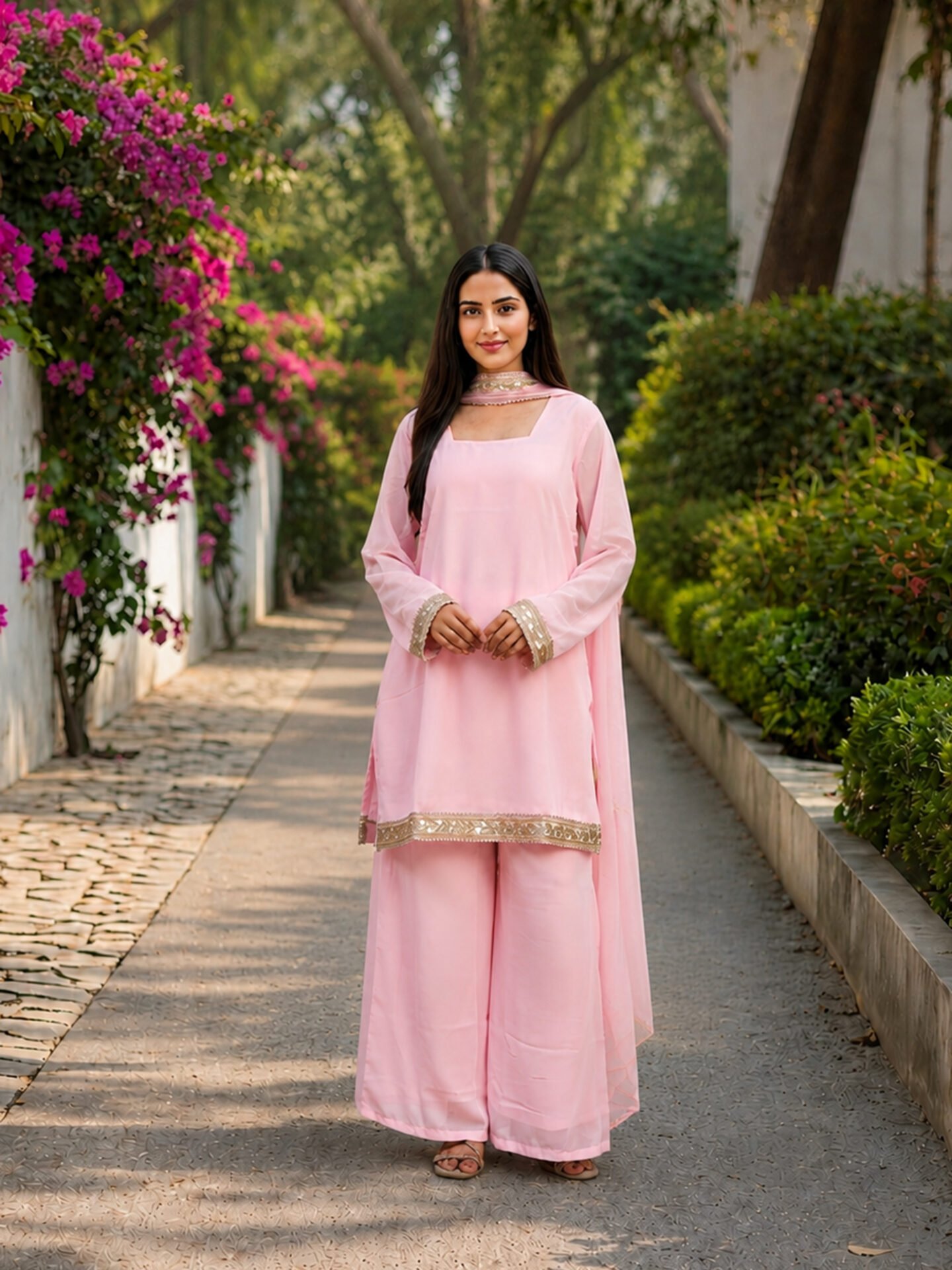 Soft Pink Straight Kurta Palazzo Set with Elegant Dupatta - Image 2