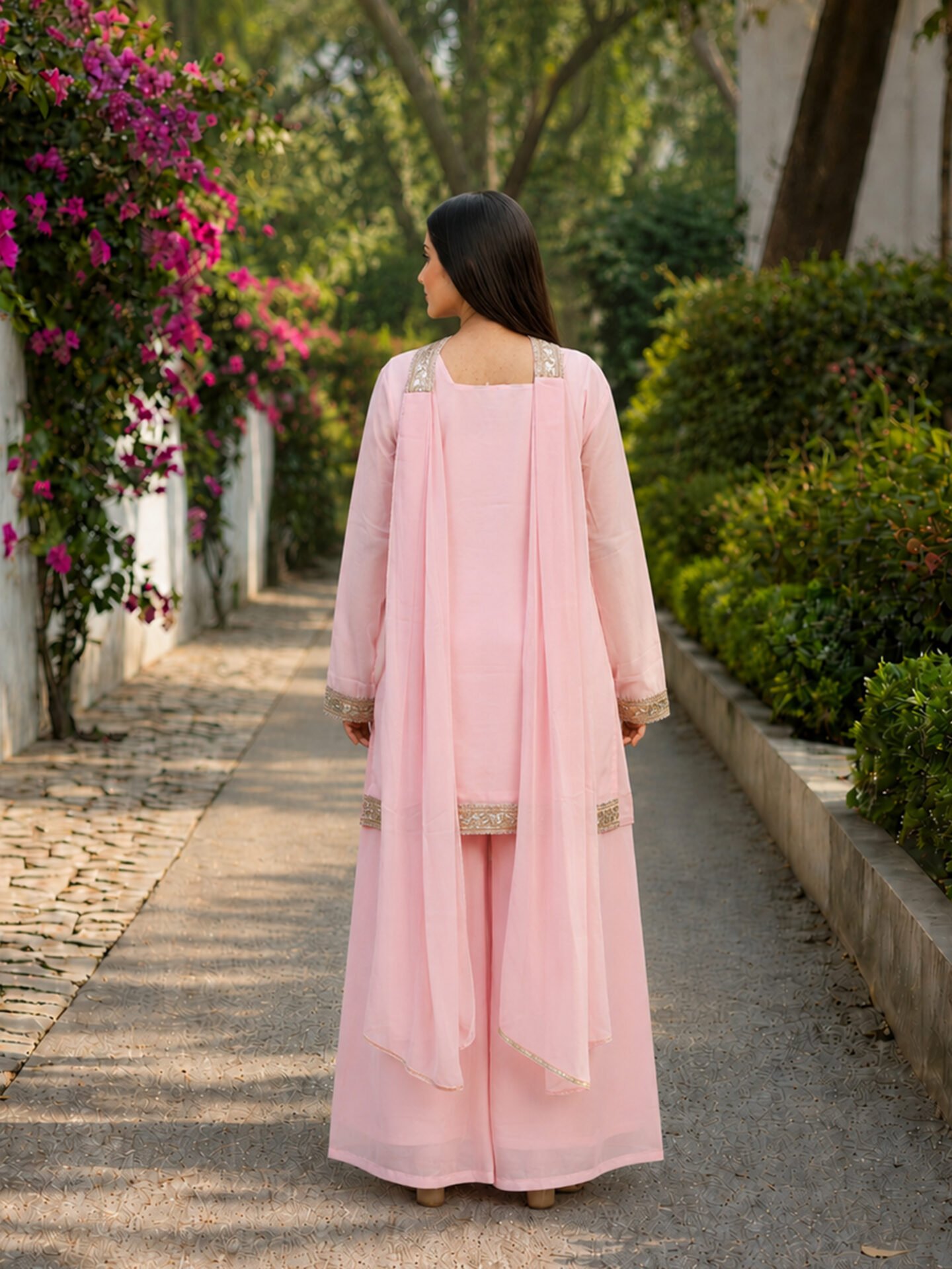 Soft Pink Straight Kurta Palazzo Set with Elegant Dupatta - Image 3