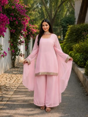 Soft Pink Straight Kurta Palazzo Set with Elegant Dupatta