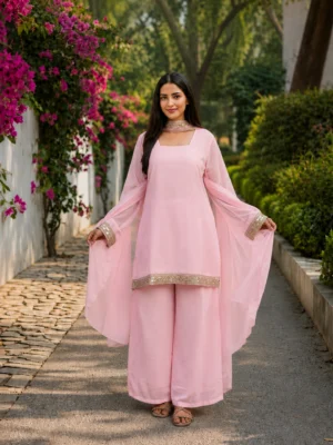 Soft Pink Straight Kurta Palazzo Set with Elegant Dupatta