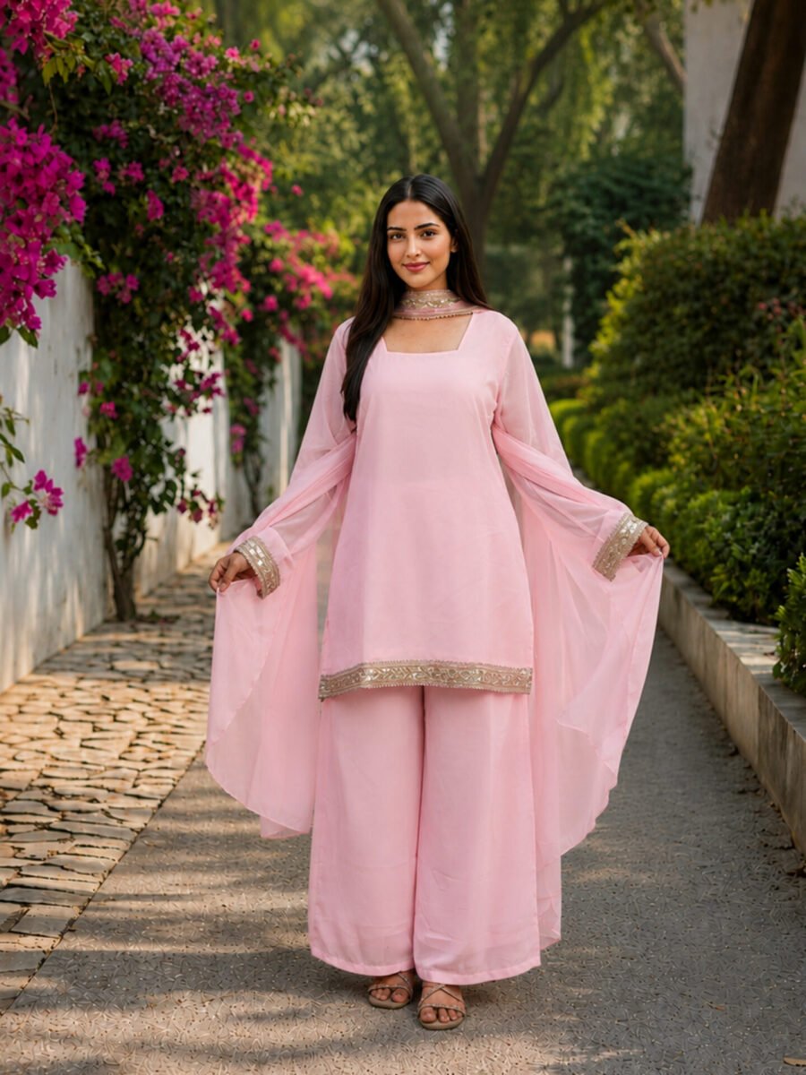 Soft Pink Straight Kurta Palazzo Set with Elegant Dupatta