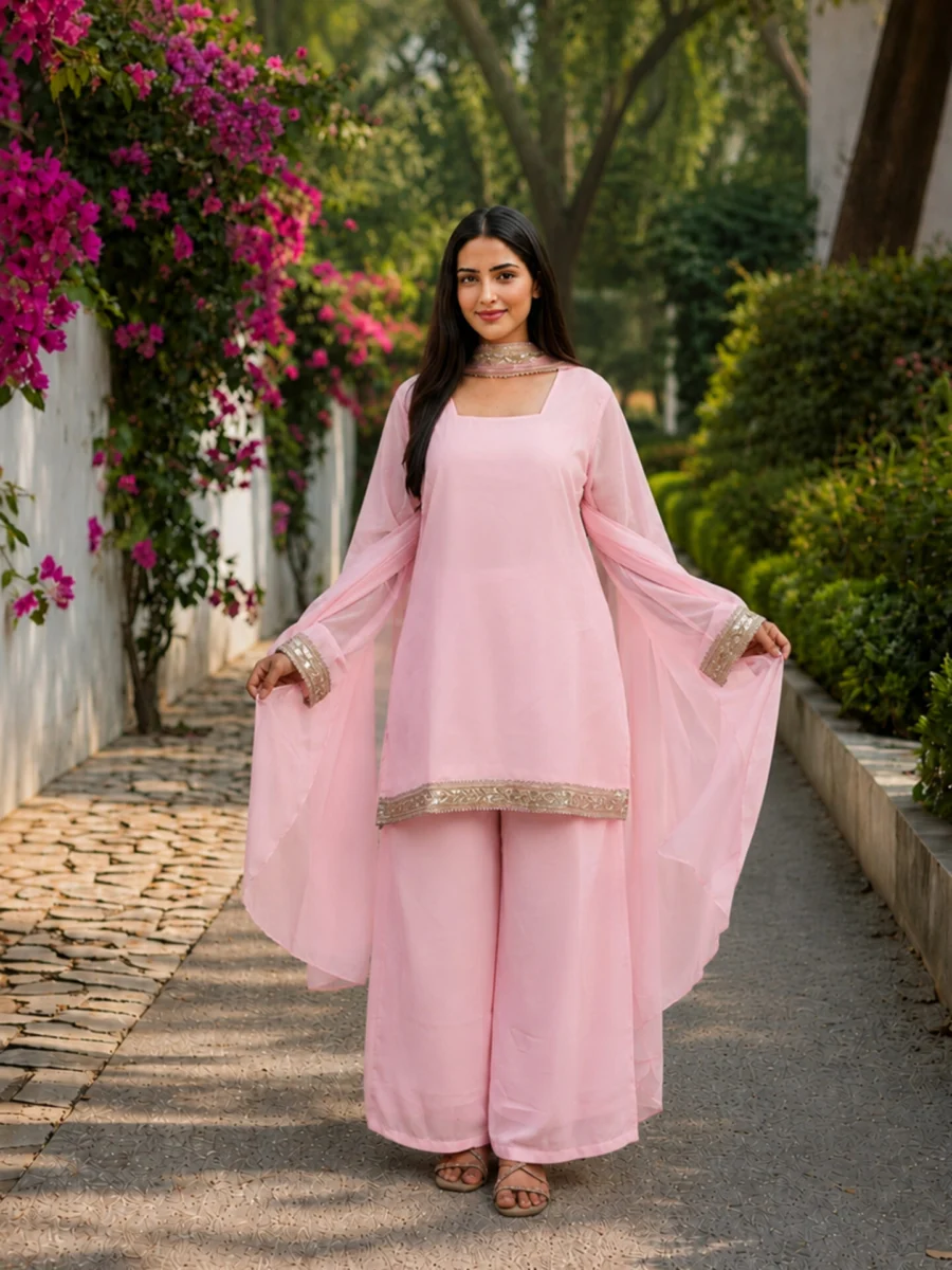 Soft Pink Straight Kurta Palazzo Set with Elegant Dupatta