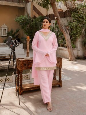 Baby Pink Georgette Kurta Set with Palazzo & Gold Embroidered Dupatta