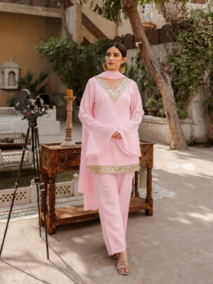Baby Pink Georgette Kurta Set with Palazzo & Gold Embroidered Dupatta