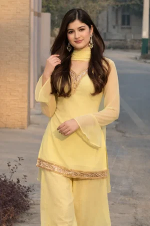 Lemon Yellow Georgette Kurta Set with Palazzo & Gold Embroidered Border