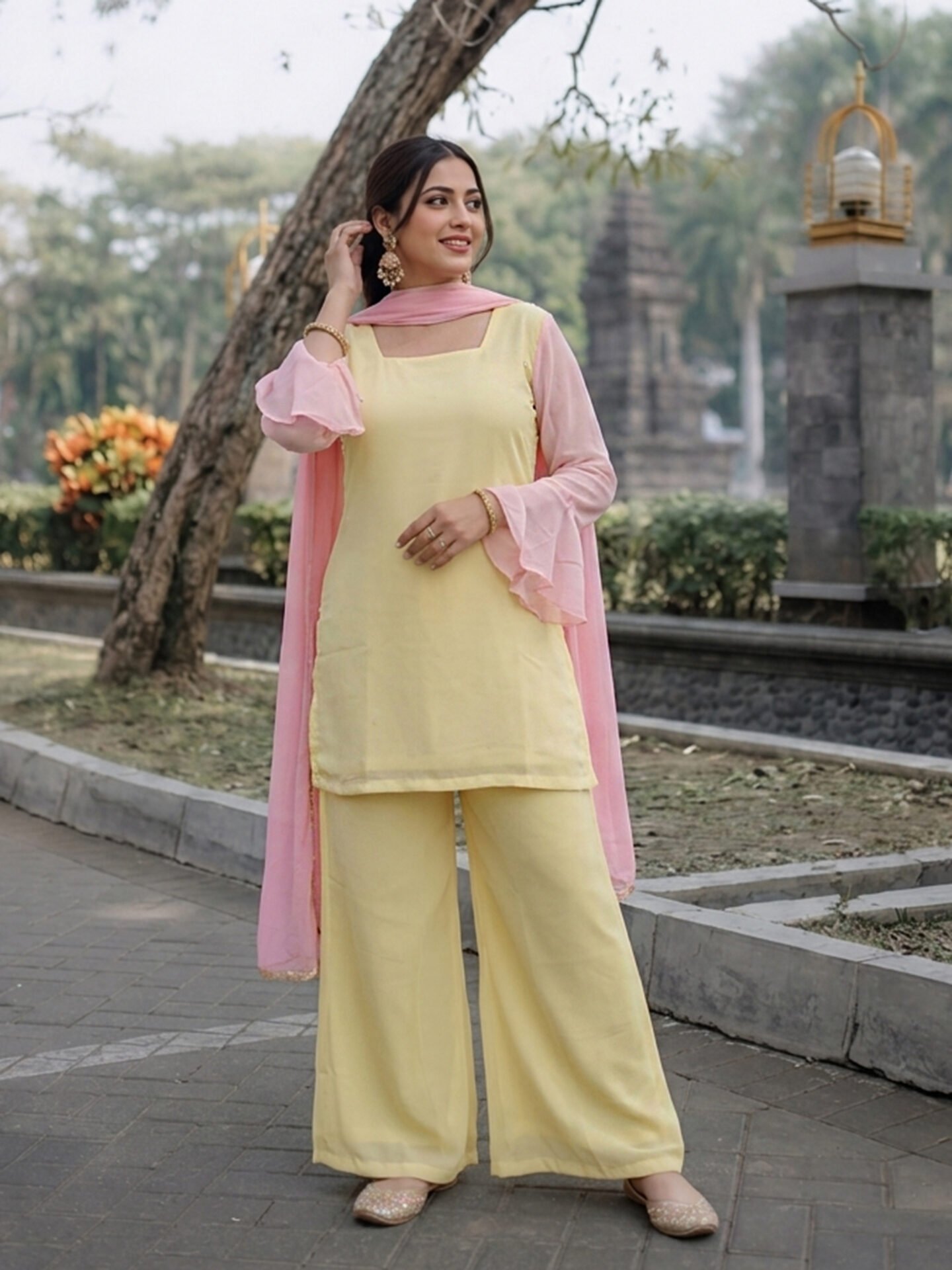 Pastel Yellow Georgette Kurta Set with Palazzo & Sheer Pink Bell Sleeves
