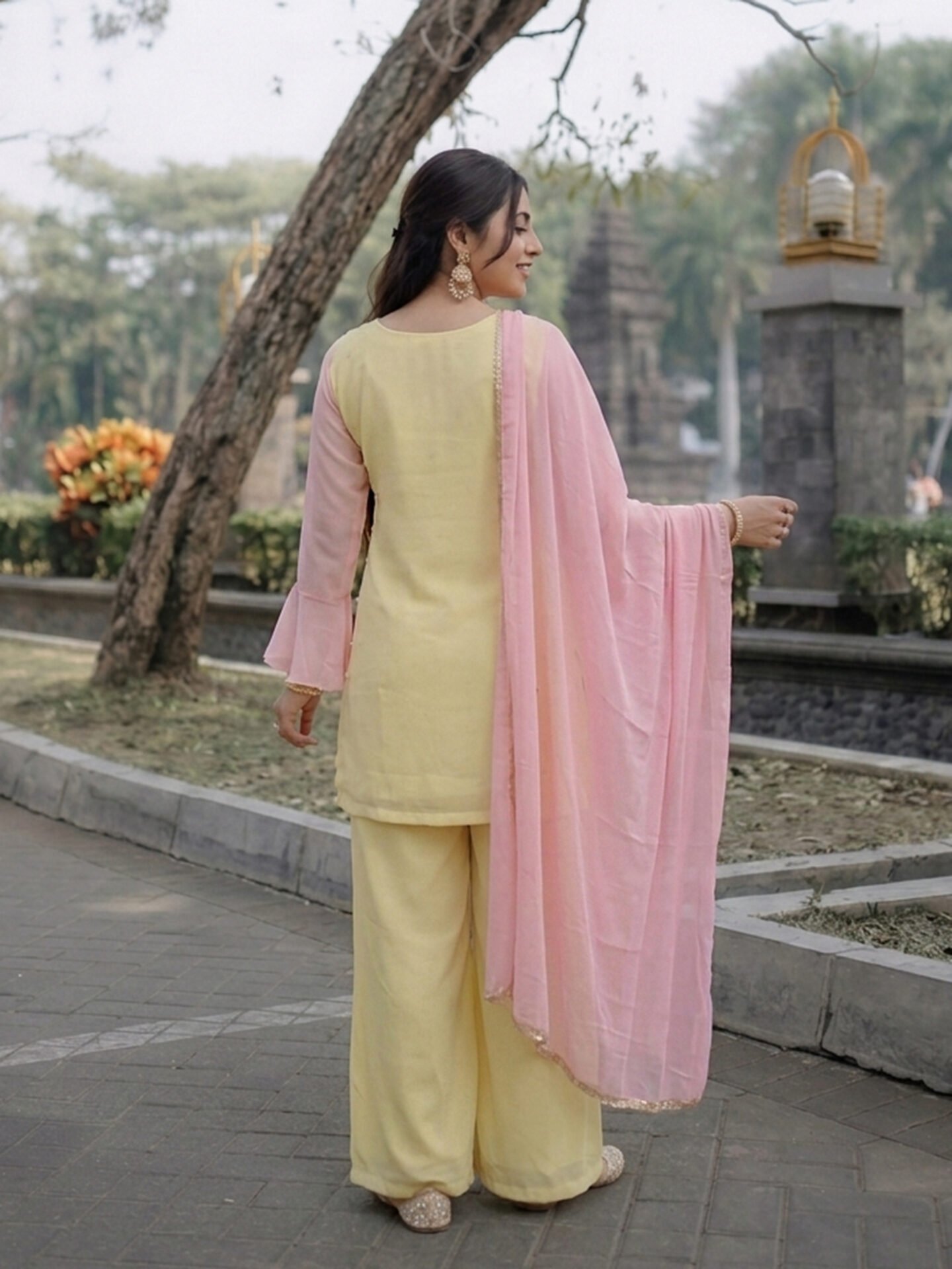Pastel Yellow Georgette Kurta Set with Palazzo & Sheer Pink Bell Sleeves - Image 2