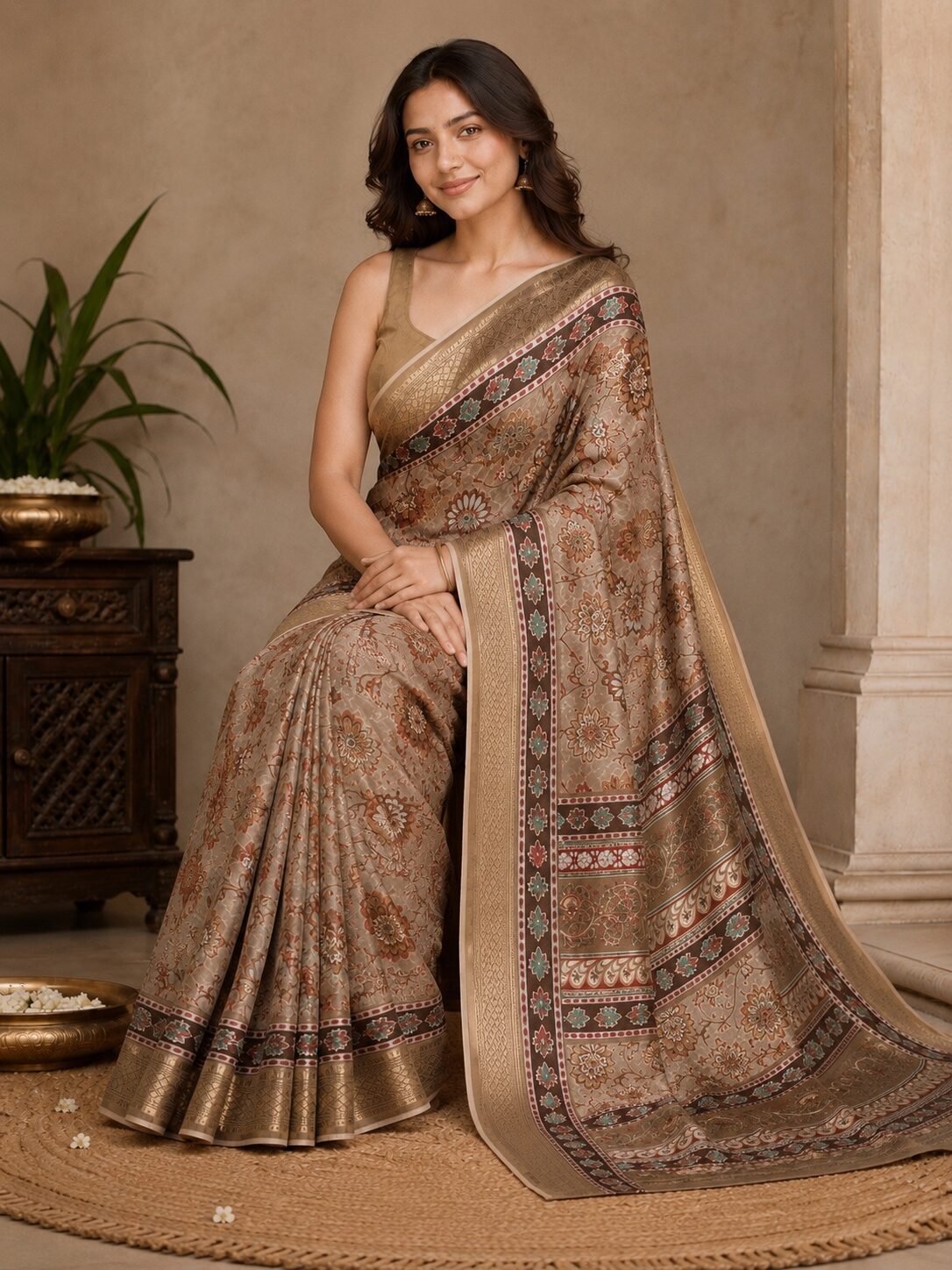 Saahi Floral Printed Saree
Color: Brown
Blouse: Yes - Image 2