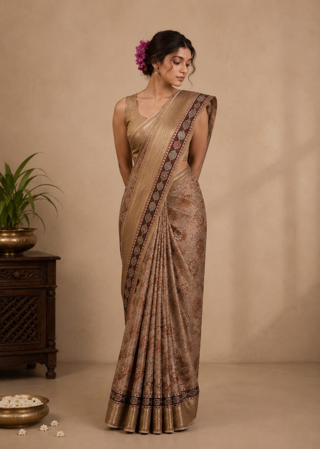 Saahi Floral Printed Saree
Color: Brown
Blouse: Yes - Image 3