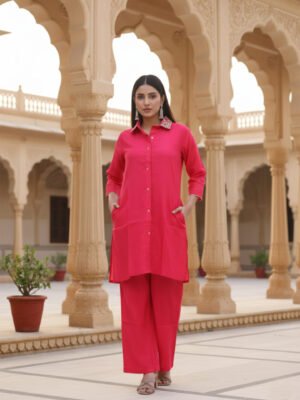 Hot Pink Collared Kurta Pant Set