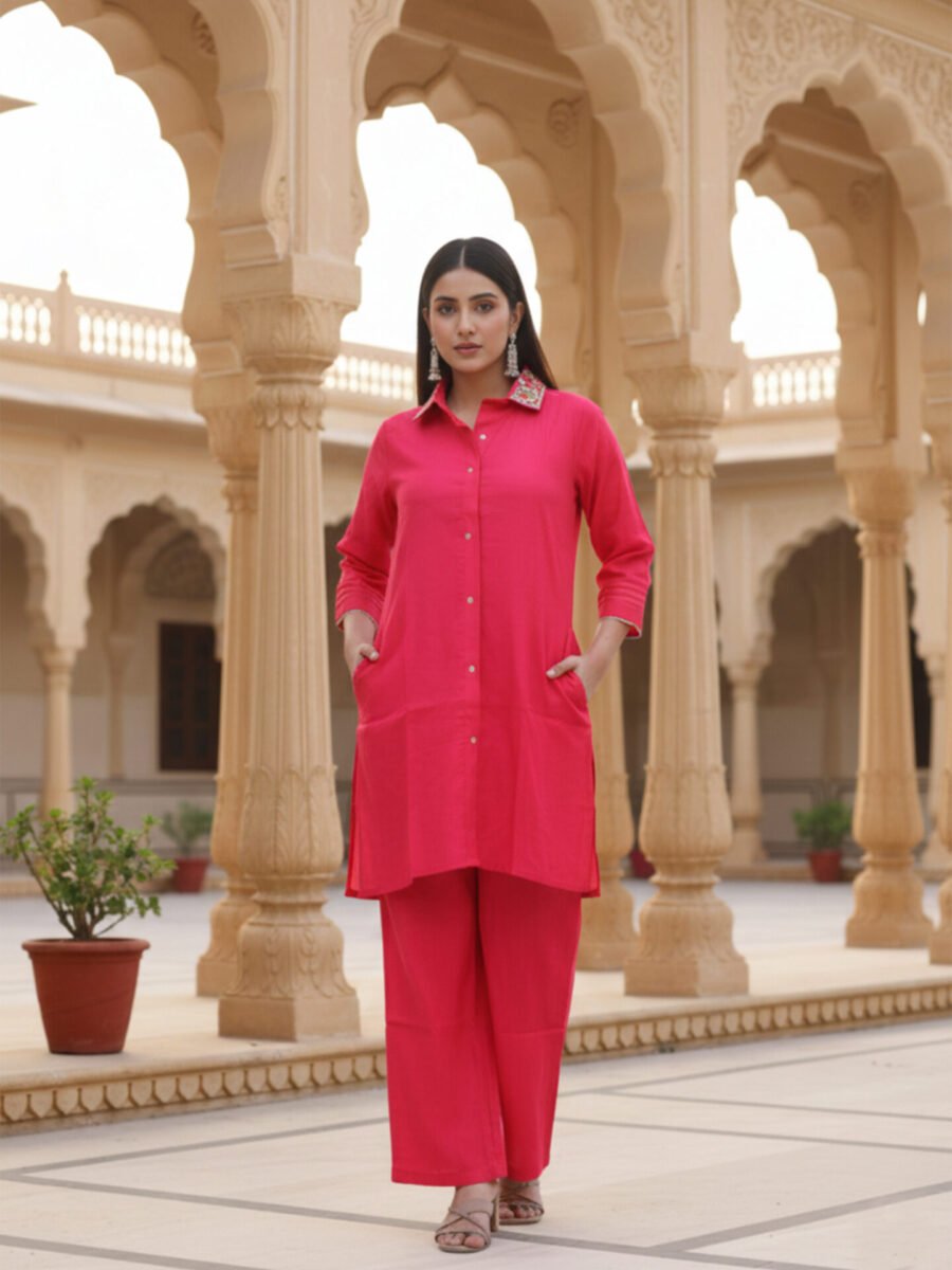 Hot Pink Collared Kurta Pant Set
