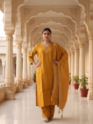Mustard Yellow Embroidered Kurta Set with Matching Dupatta