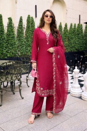 Rose Pink Embroidered Kurta Pant Set with Dupatta
