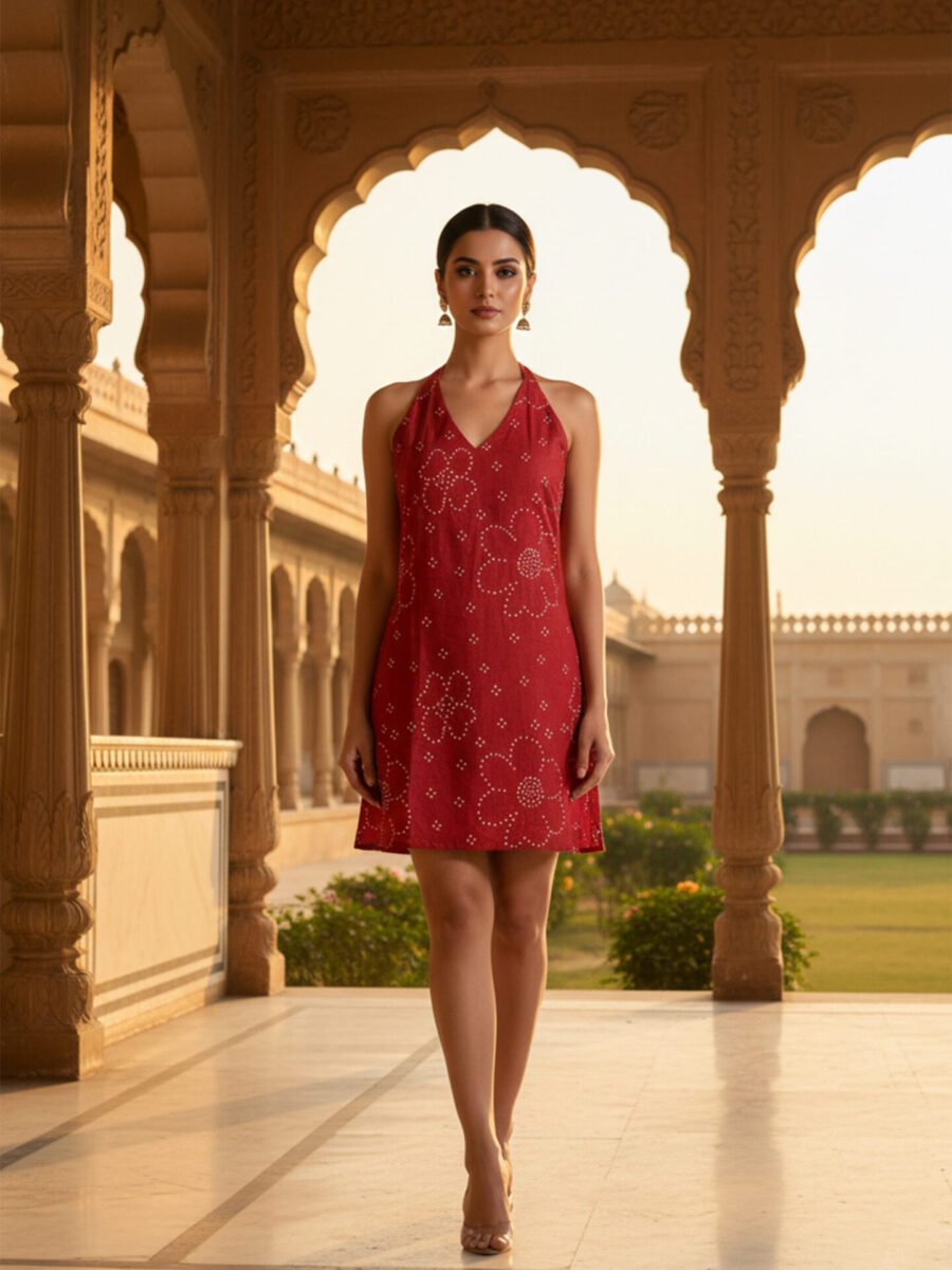 Red Sleeveless Printed Short Kurti