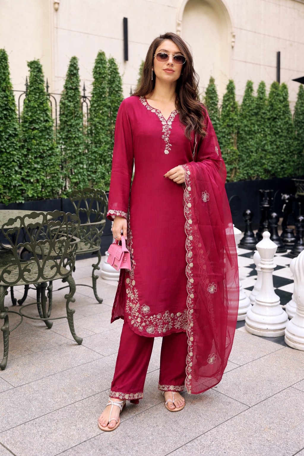 Rose Pink Embroidered Kurta Pant Set with Dupatta