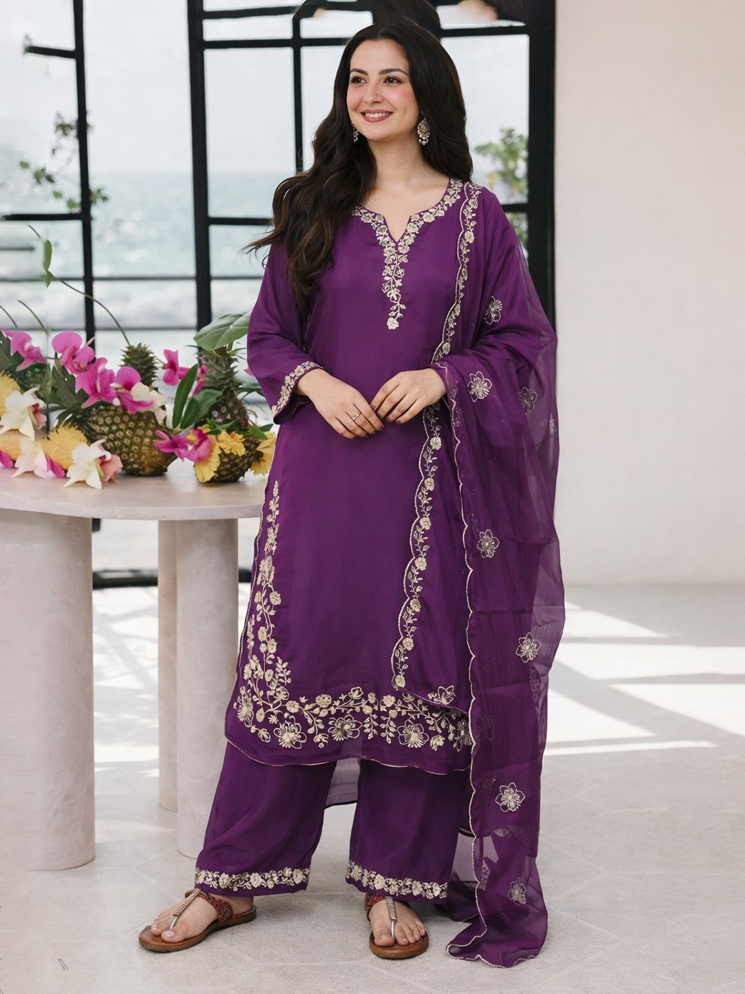 Royal Purple Embroidered Kurta Pant Set with Dupatta - Image 4