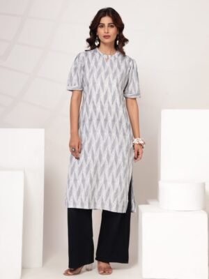 Women's White Grey Abstract Print A-Line Kurti