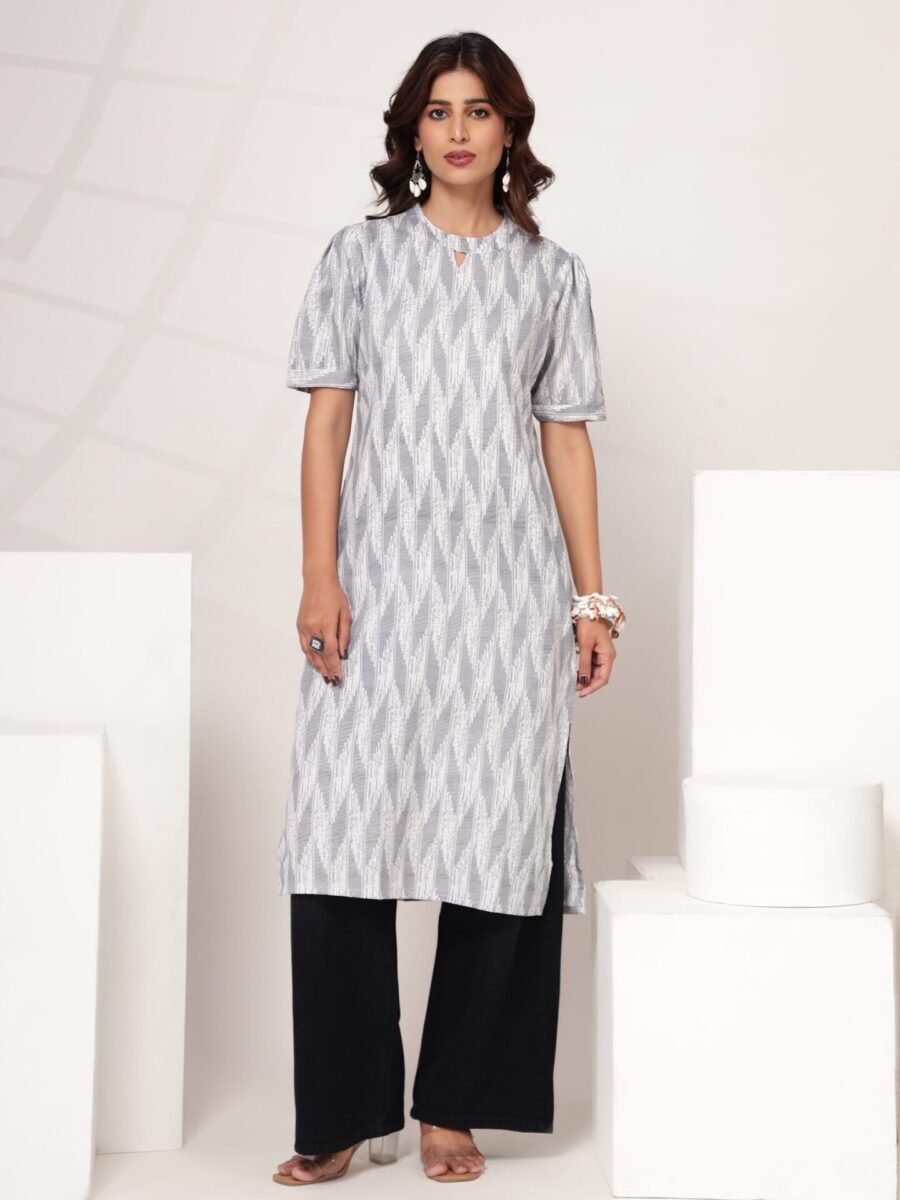 Women's White Grey Abstract Print A-Line Kurti