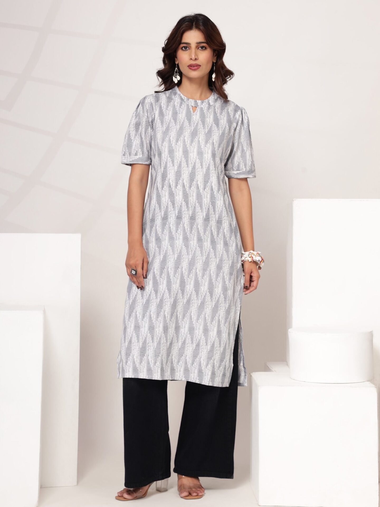 Women's White Grey Abstract Print A-Line Kurti