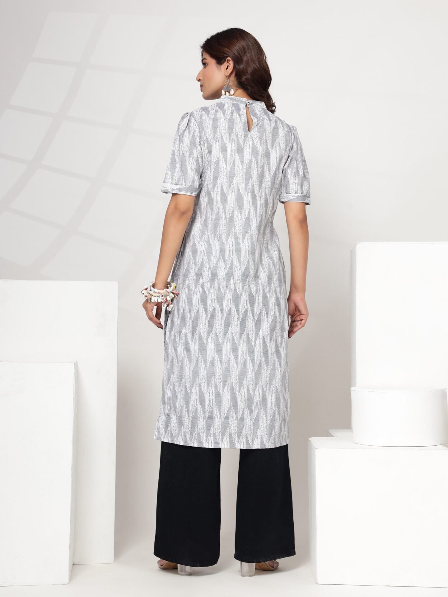 Women's White Grey Abstract Print A-Line Kurti - Image 3