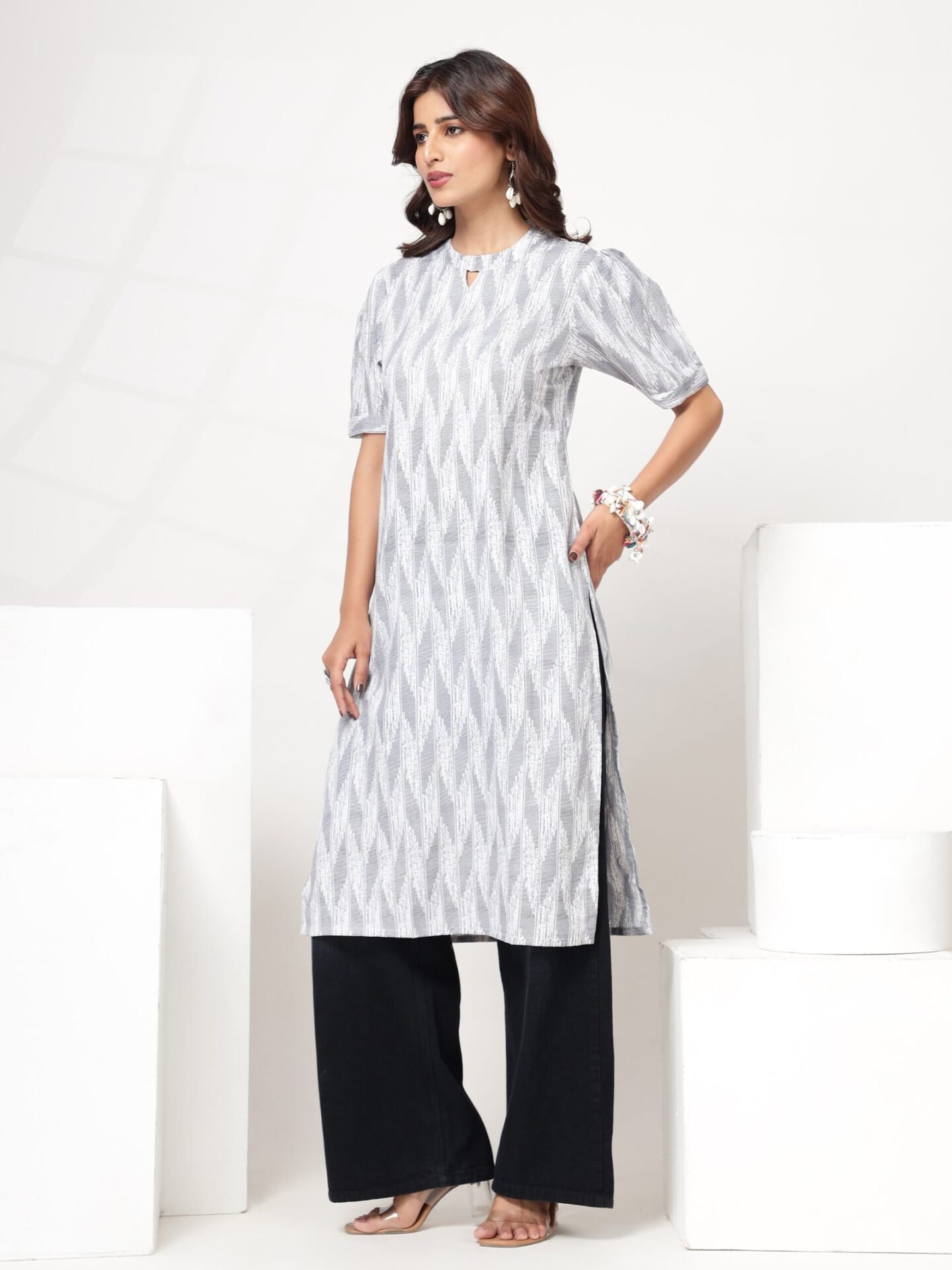 Women's White Grey Abstract Print A-Line Kurti - Image 2