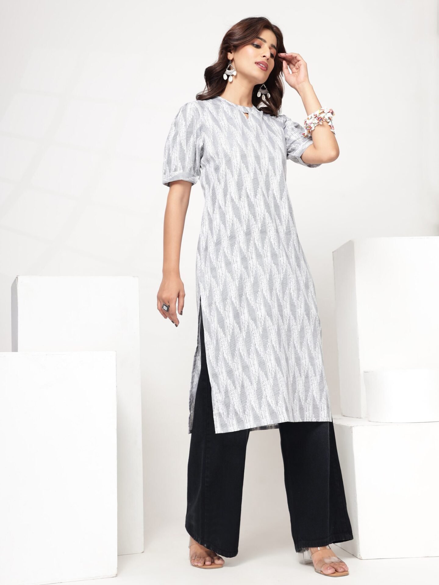 Women's White Grey Abstract Print A-Line Kurti - Image 8