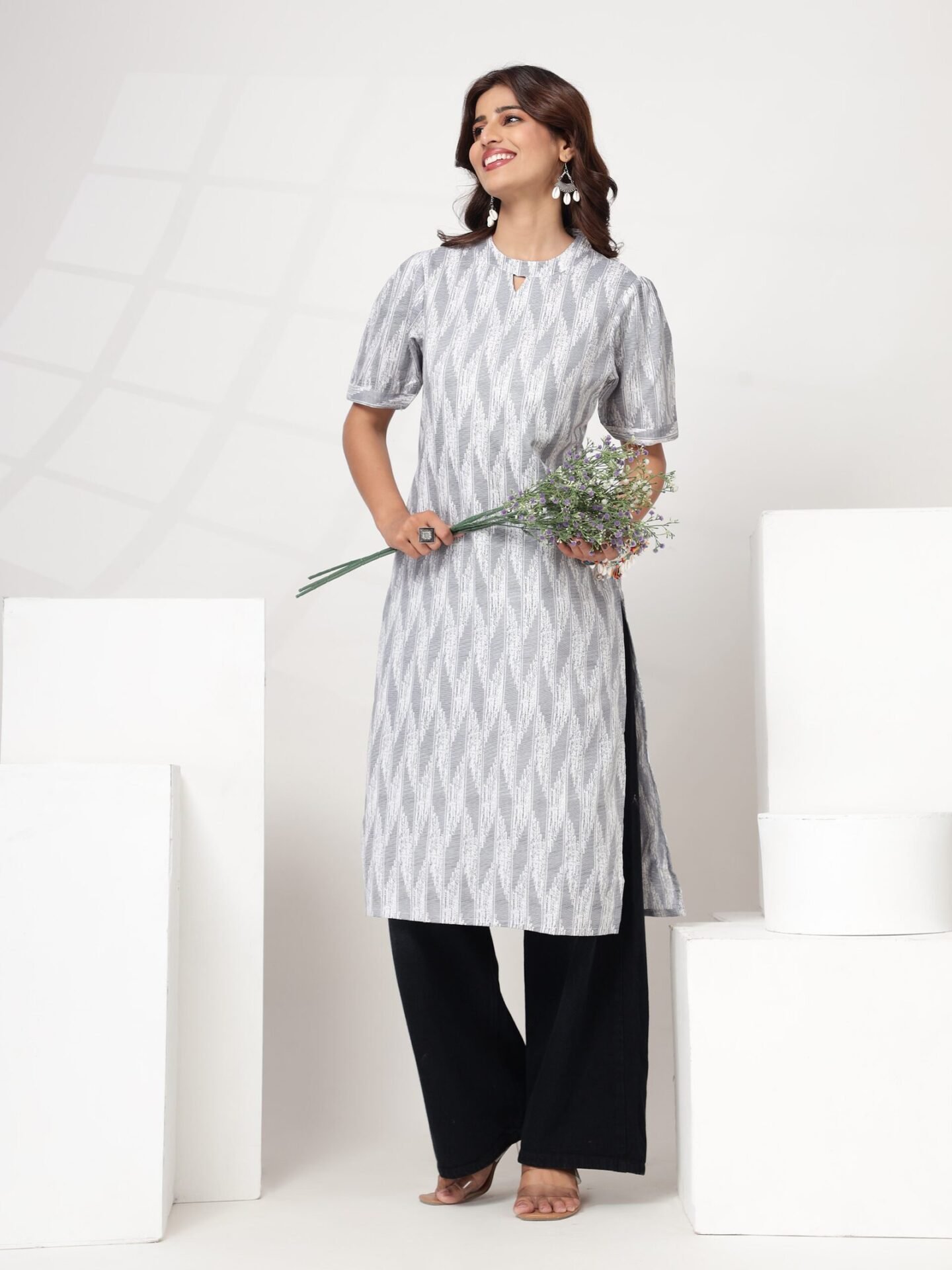 Women's White Grey Abstract Print A-Line Kurti - Image 6