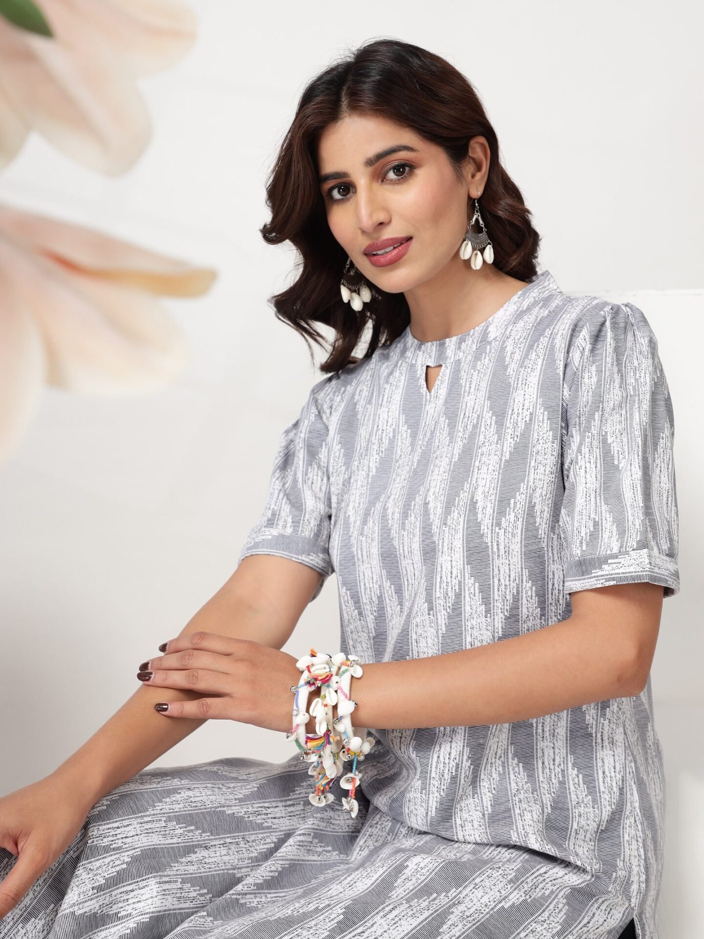 Women's White Grey Abstract Print A-Line Kurti - Image 5