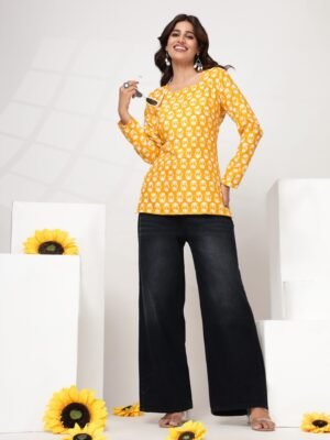 Women's Yellow Mustard Ethnic Motif Straight Short Kurti