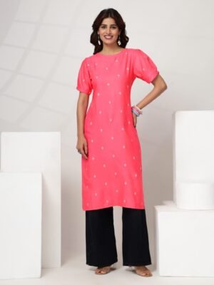Women's Pink Red Woven Motif Straight Kurti