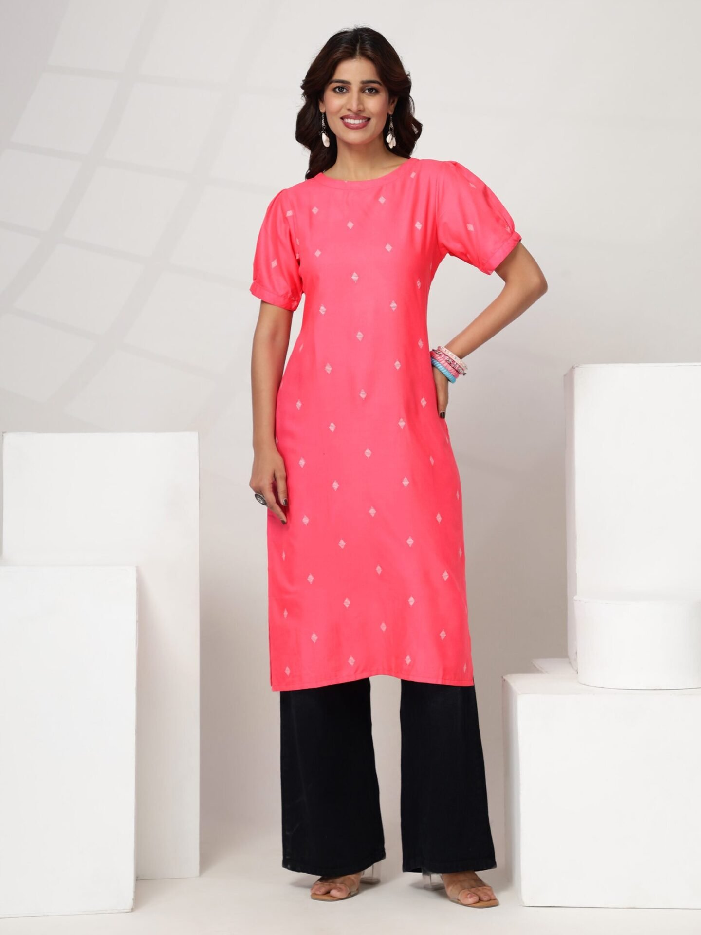 Women's Pink Red Woven Motif Straight Kurti