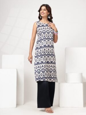 Women's Cream Sleeveless Ikat Geometric Print Kurti