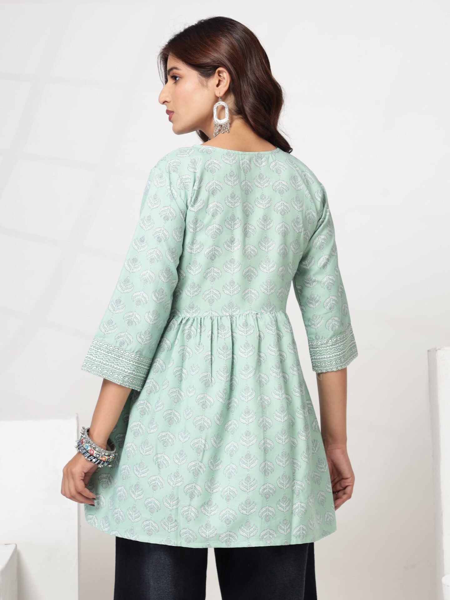 Women's Mint Green Leaf Motif Flared Short Kurti - Image 4