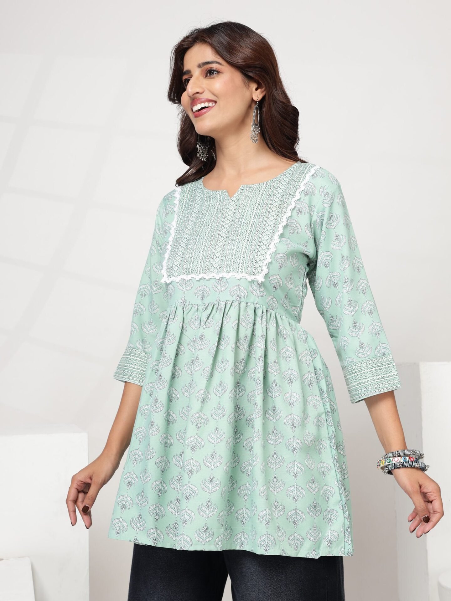 Women's Mint Green Leaf Motif Flared Short Kurti - Image 3