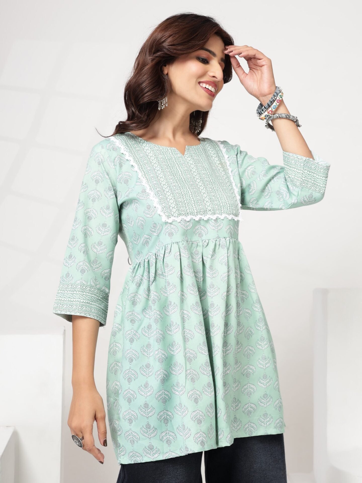 Women's Mint Green Leaf Motif Flared Short Kurti - Image 2