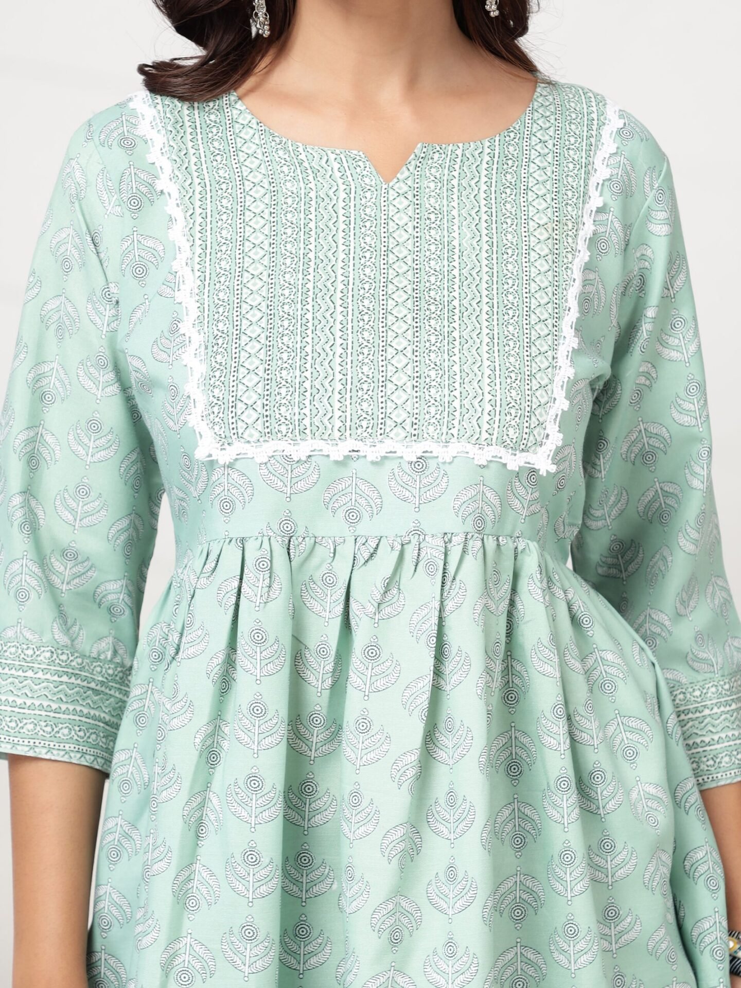 Women's Mint Green Leaf Motif Flared Short Kurti - Image 8