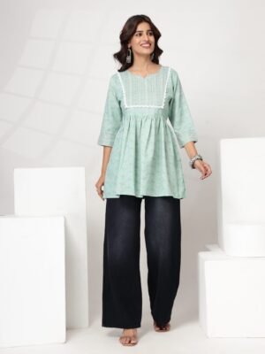Women's Mint Green Leaf Motif Flared Short Kurti