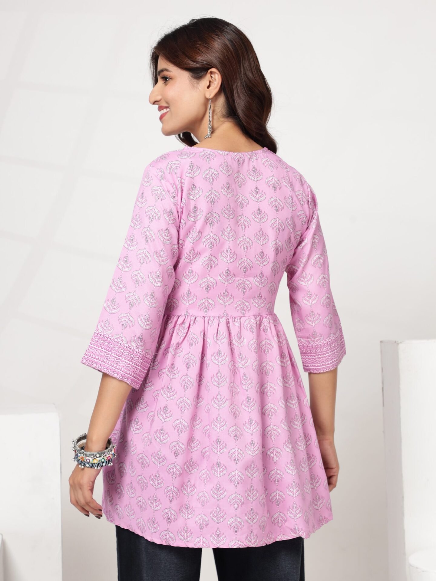 Women's Pink Floral Printed Flared Short Kurti - Image 8
