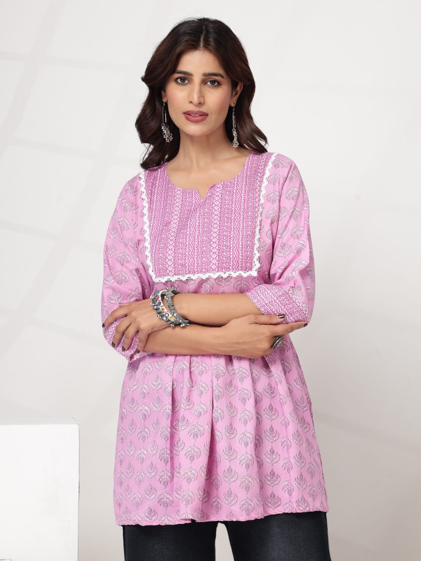 Women's Pink Floral Printed Flared Short Kurti - Image 7