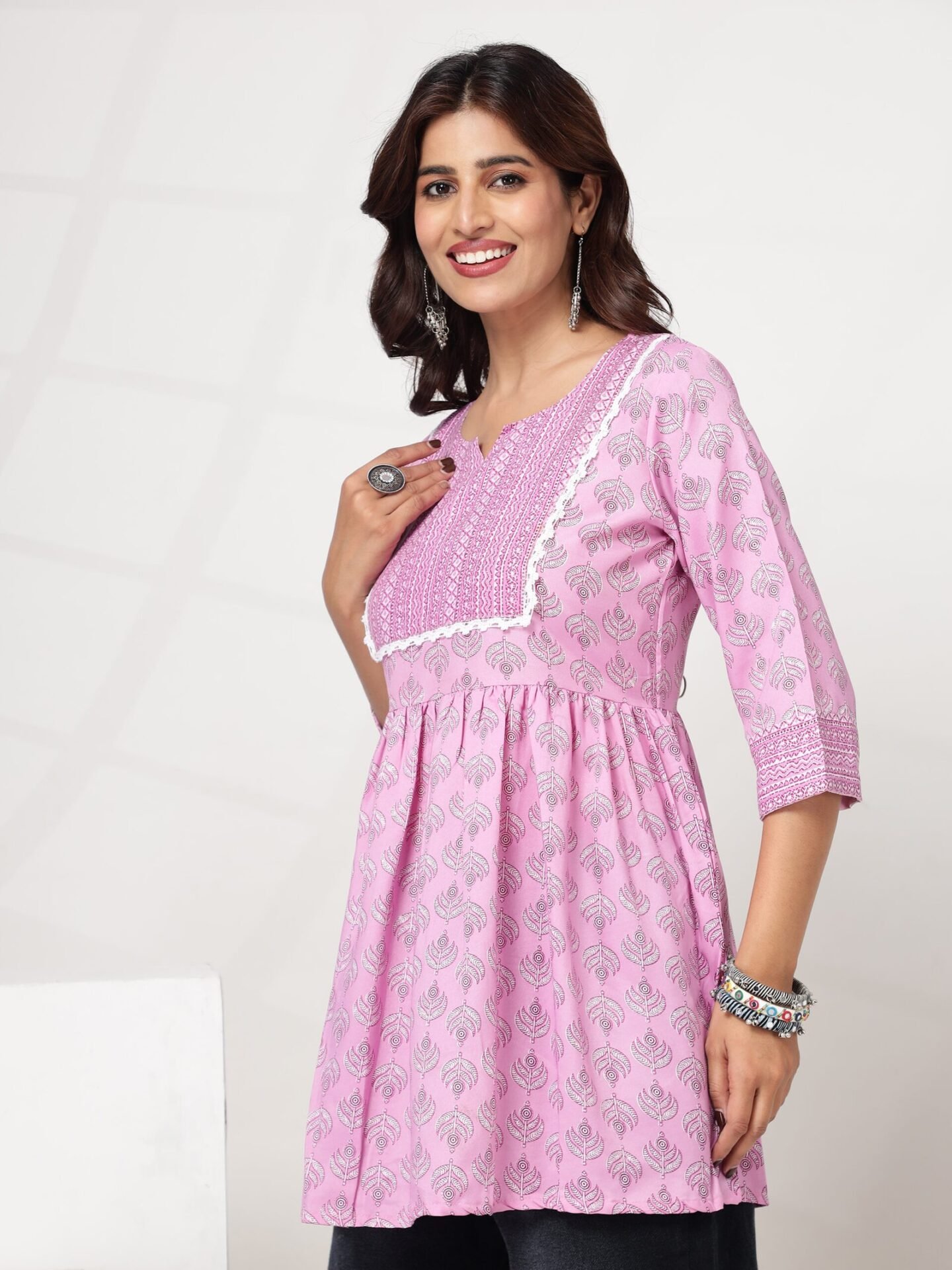 Women's Pink Floral Printed Flared Short Kurti - Image 6