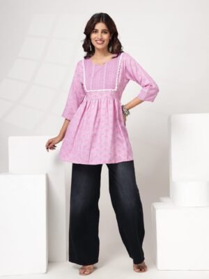 Women's Pink Floral Printed Flared Short Kurti