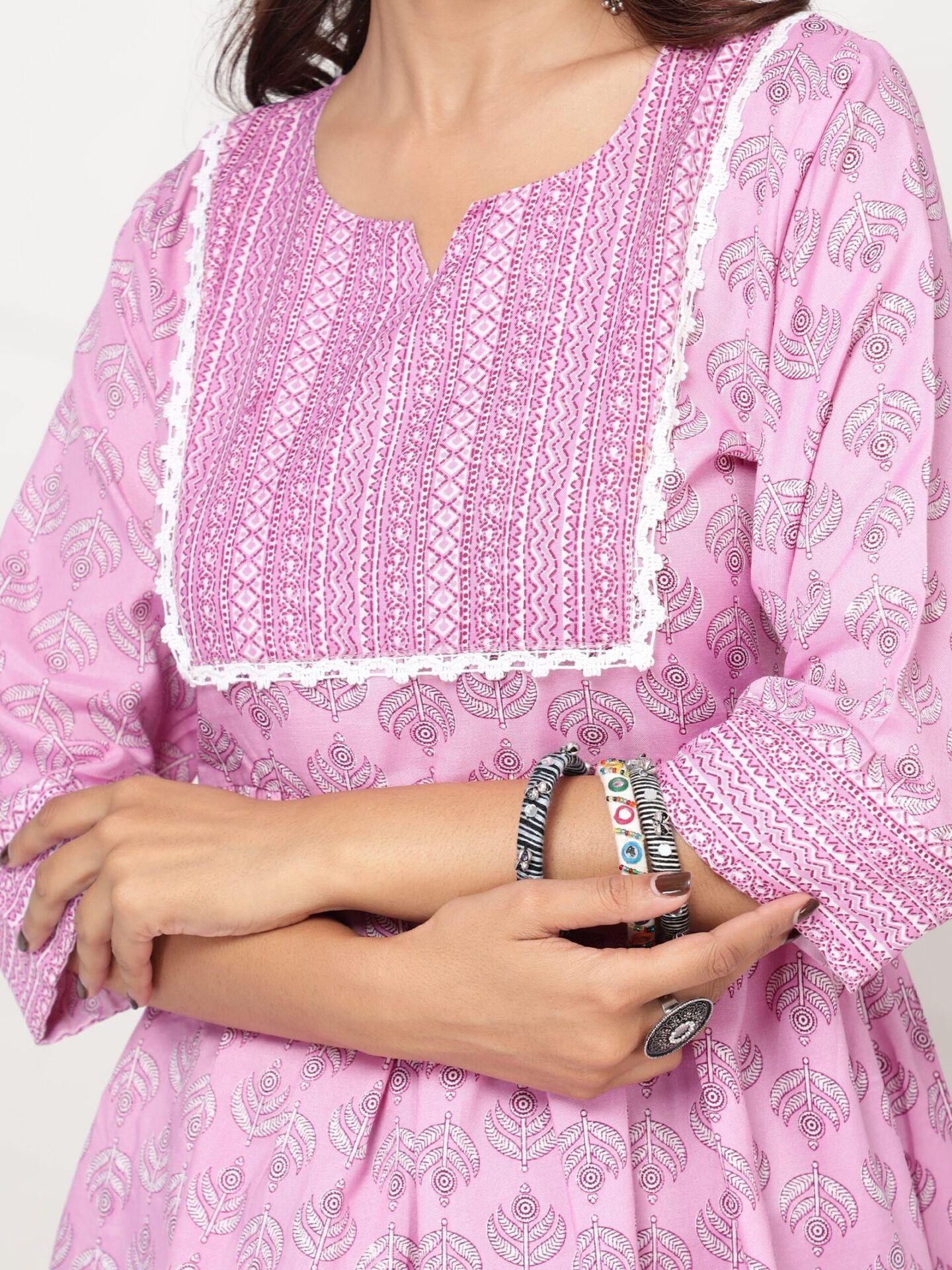 Women's Pink Floral Printed Flared Short Kurti - Image 3