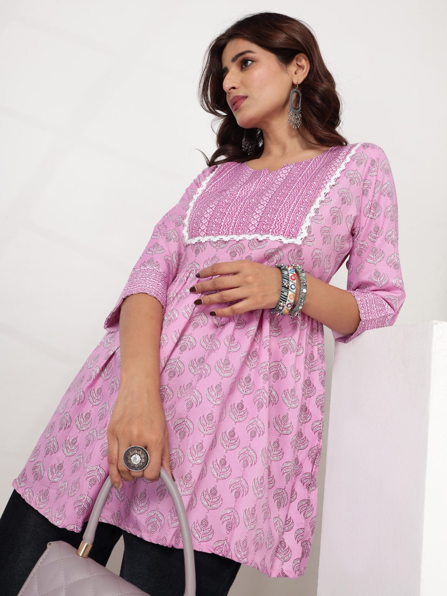 Women's Pink Floral Printed Flared Short Kurti - Image 9