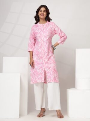 Women's Pink Floral Printed Straight Kurti Dress