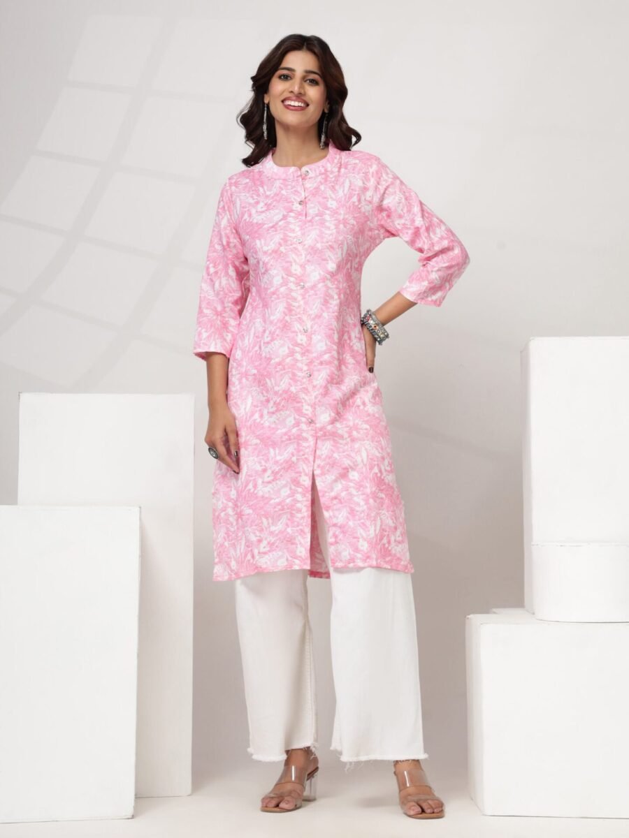 Women's Pink Floral Printed Straight Kurti Dress